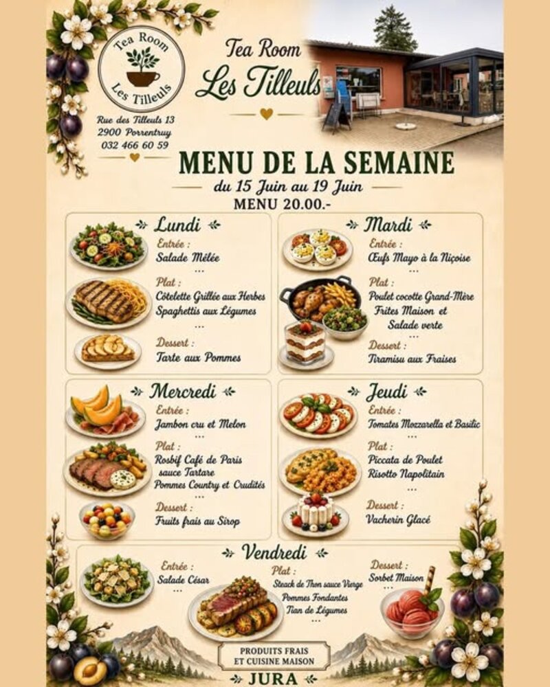 Menu de la semaine du Tea Room Les Tilleuls